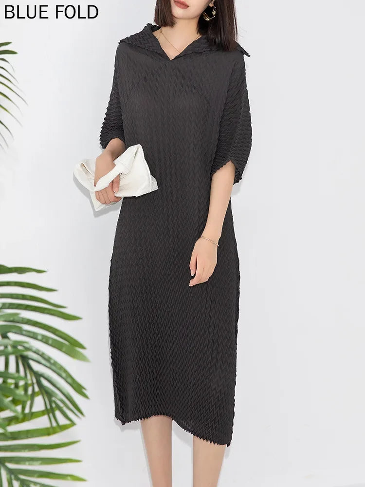 MIYAKE-Pleated Large Size Dress Handmade Herringbone Pleats V-neck Retro Loose Lapel Elegant New Fashion Style Spring and Autumn