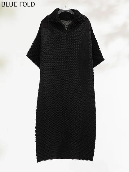 MIYAKE-Pleated Large Size Dress Handmade Herringbone Pleats V-neck Retro Loose Lapel Elegant New Fashion Style Spring and Autumn