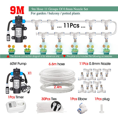 White 1/4" PE Hose 0.8mm 60W Self-Priming Pump Garden Misting Watering Irrigation Kits System Greenhouse Timer Automatic Sprayer