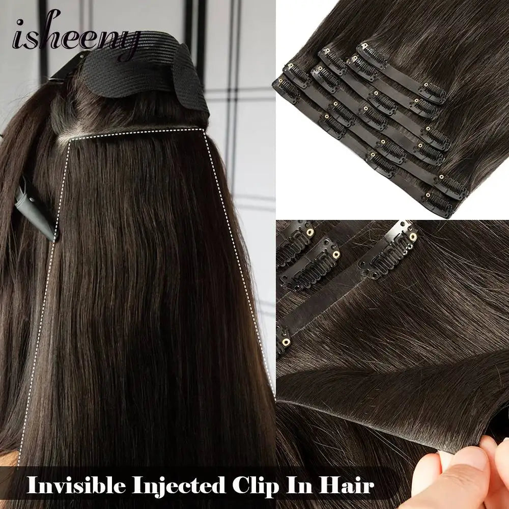 isheeny Invisible Clip in Hair Extensions Human Hair 12-22 inches 8pcs/set Natural Straight Clip Hair Pieces 100-120g Full Head