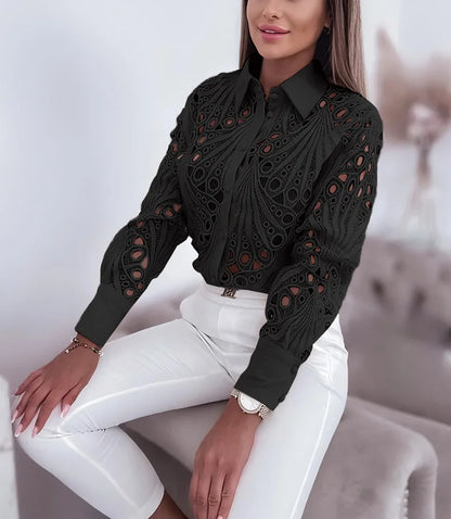 Fashion New Lace Hollow Long Sleeve Shirt Tops For Women Spring Autumn Lapel Elegant Office Lady Blouse Top Casual Button Shirts