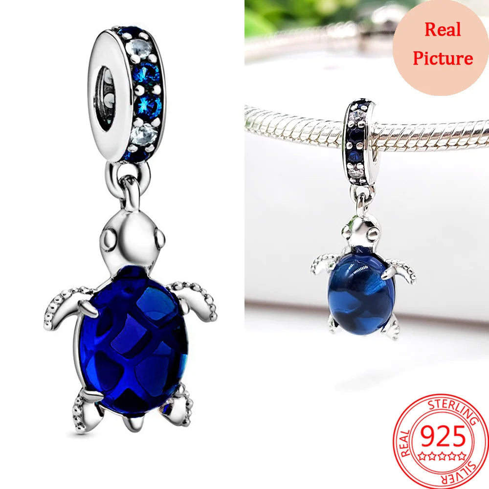 925 Silver Plated Colorful Accessories Jewelry Women Murano Glass Pink And Blue Sea Turtle Dangle Charm Fit Brand Bracelet