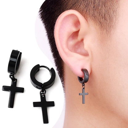 2pc Stainless Steel Men Cross Stars Punk Dangle Earrings Gothic Woman Cross Ear Hoop Earrings Huggies Pendant Piercing Jewelry