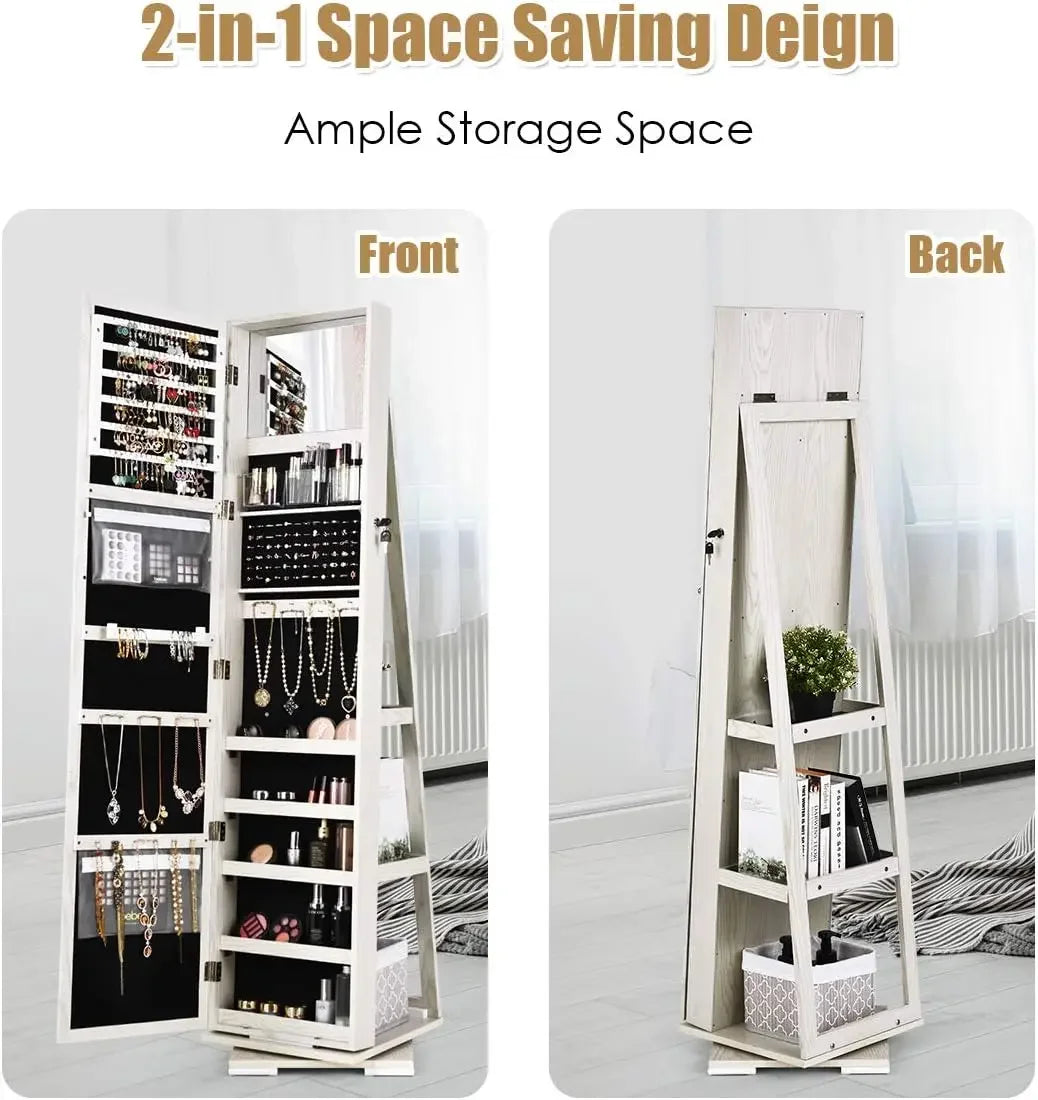 360° Swivel Jewelry Armoire with Higher Full Length Inside Makeup Mirror, Standing Lockable Cabinet Organizer, Large Capacity, B