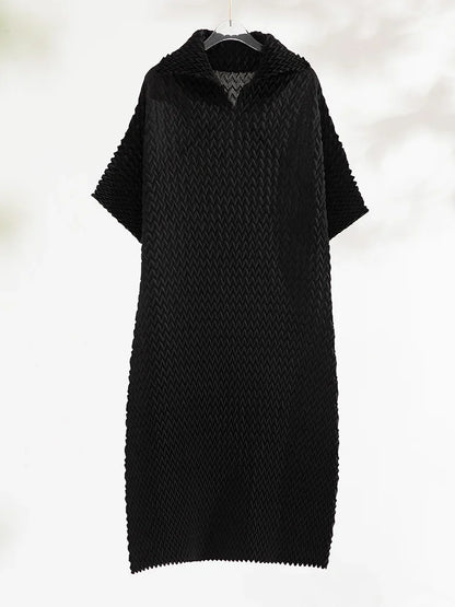 MIYAKE-Pleated Large Size Dress Handmade Herringbone Pleats V-neck Retro Loose Lapel Elegant New Fashion Style Spring and Autumn