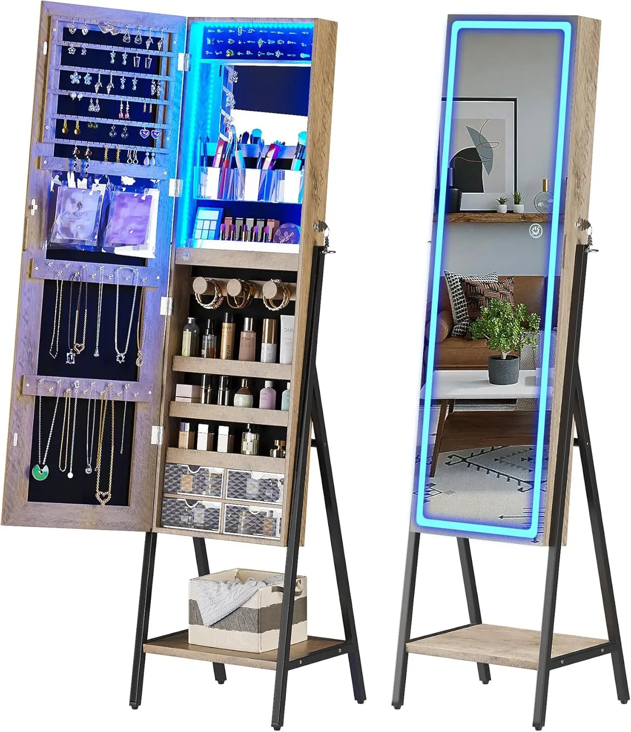 RGB LED Mirror Jewelry Cabinet,Standing Jewelry Armoire Organizer Full Length Mirror with Storage, Lockable Jewelry Mirror