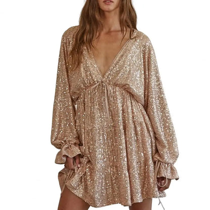 V-neck Dress Loose Fit Dress Sequin Shimmering V Neck Party Dress with Lace-up Strap Look Elegant Clubwear for Women Long Sleeve