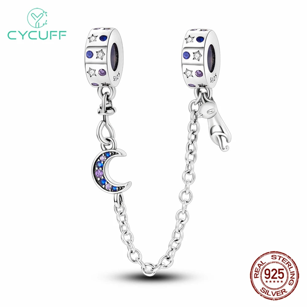 CYCUFF Real 925 Sterling Silver Stars & Moon Sunflower Safety Chains Spacer Beads Charms Fit 925 Original Bracelets DIY Jewelry