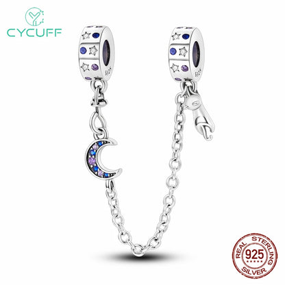 CYCUFF Real 925 Sterling Silver Stars & Moon Sunflower Safety Chains Spacer Beads Charms Fit 925 Original Bracelets DIY Jewelry