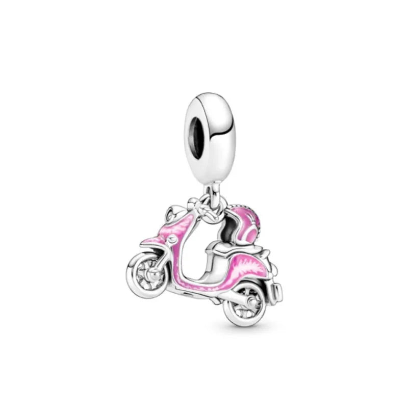 New 2023 Fashion Pink Pansy Flower Pendant Bead 925 Sterling Silver Plated Fit Necklace Keychain Charm DIY Jewelry Bracelet