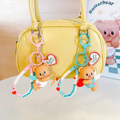 Cartoon Butter Bear Keychain Cute Anime PVC Bear Keyring Toys For Women Girls Cupid Dolls Pendant Bag Accessories Couple Gift