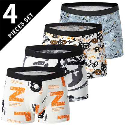 4-Piece Men's Fashion Print Mix And Match Underwear Beach Shorts Comfortable Breathable Teenager Plus Size 5xl6xl Boyshort.