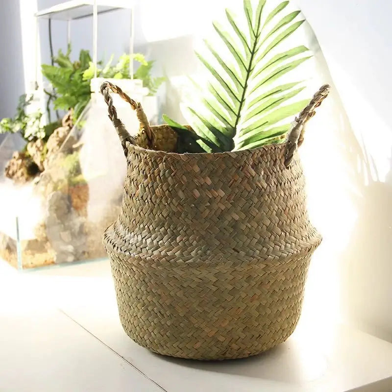 Wicker Basket Toy Organizer Folding Rattan Seagrass Storage Basket Laundry Woven Basket Plant Flower Pot For Home Garden