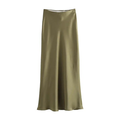 Women's Flowing Satin Midi Skirt, High Waist With Elastic Waistband, Female Skirts, Chic Fashion