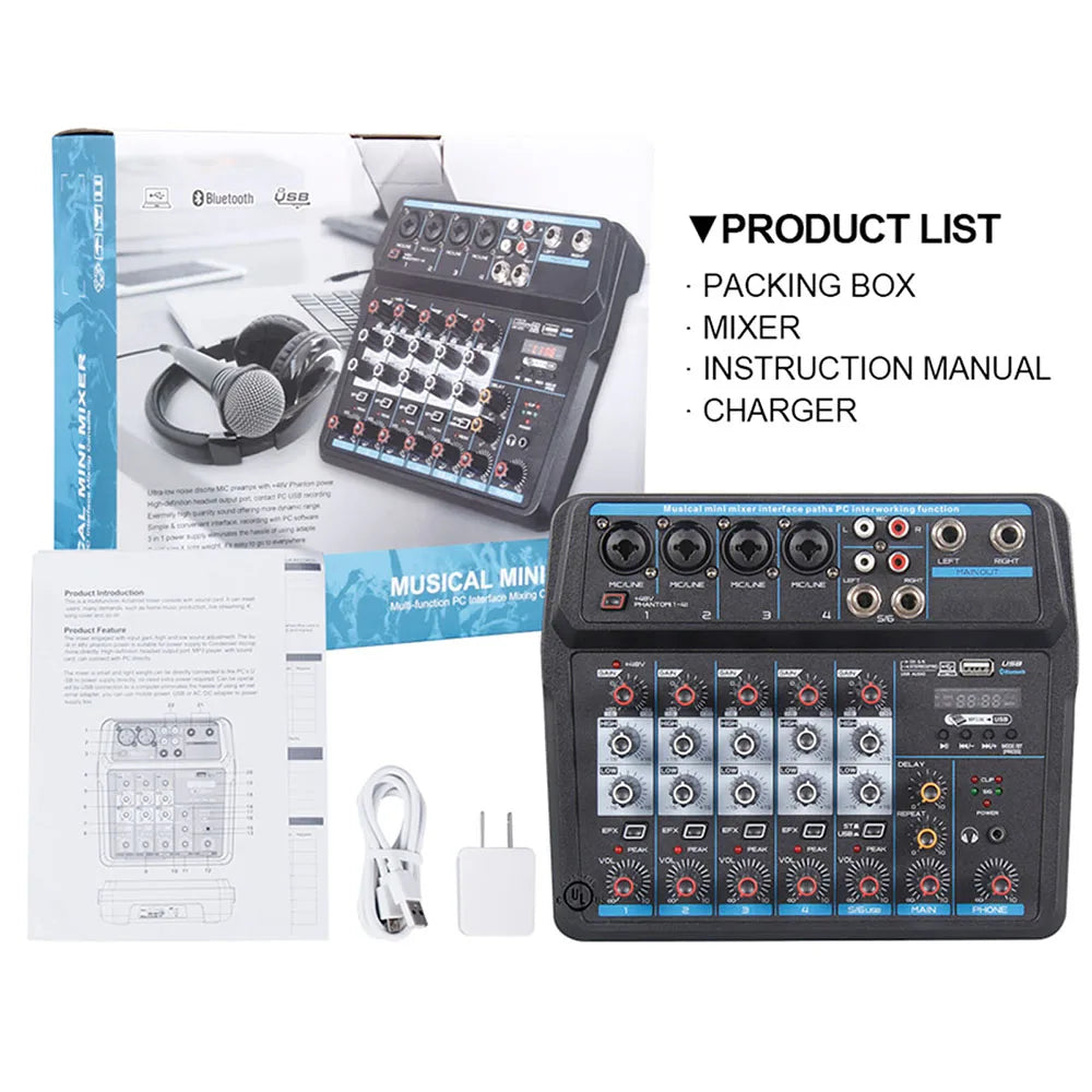 USB 6 Channel Audio Mixer Audio DJ Mixer Digital Sound Board Console with Sound Card Bluetooth 48V Phantom Power DJ Equipment