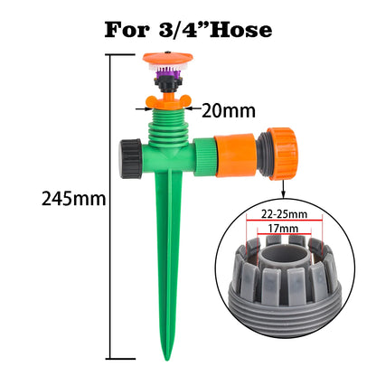 360-Degree Rotating Garden Sprinkler with Support - 1/2" Thread, Ideal for Lawns & Gardens, Durable Plastic, Watering & Irrigati