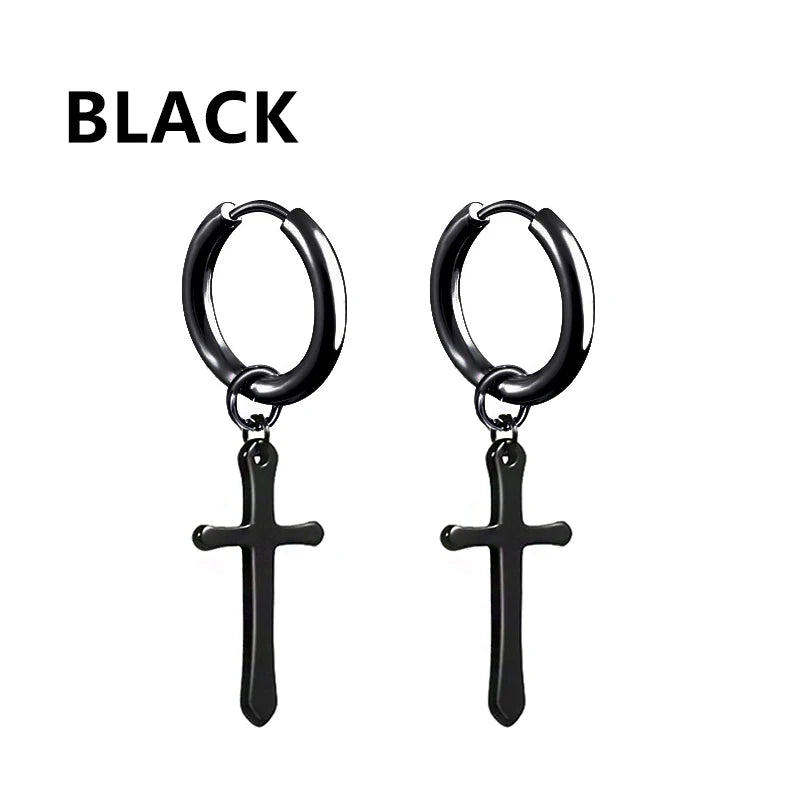 2pc Stainless Steel Men Cross Stars Punk Dangle Earrings Gothic Woman Cross Ear Hoop Earrings Huggies Pendant Piercing Jewelry