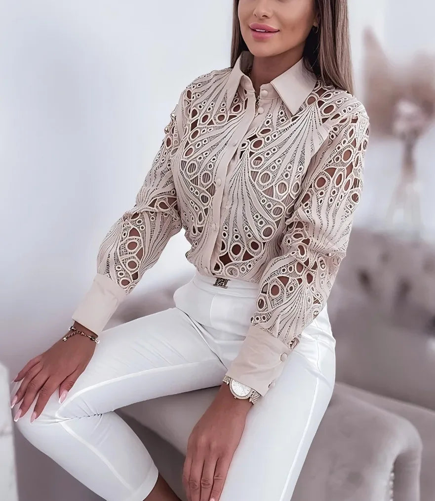 Fashion New Lace Hollow Long Sleeve Shirt Tops For Women Spring Autumn Lapel Elegant Office Lady Blouse Top Casual Button Shirts