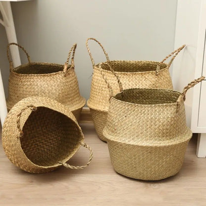 Wicker Basket Toy Organizer Folding Rattan Seagrass Storage Basket Laundry Woven Basket Plant Flower Pot For Home Garden