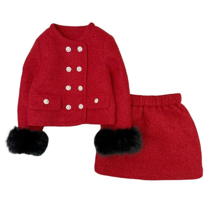 design Autumn Winter baby Girl Clothes Set Fur cuff round neck coarse woolen cotton jacket+skirt 2pcs christmas kid suit outfits