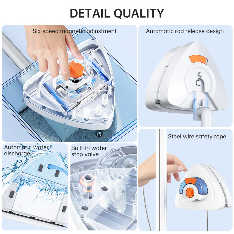 New magnetic glass cleaner with extended pole and double-sided water storage for high-rise home use.