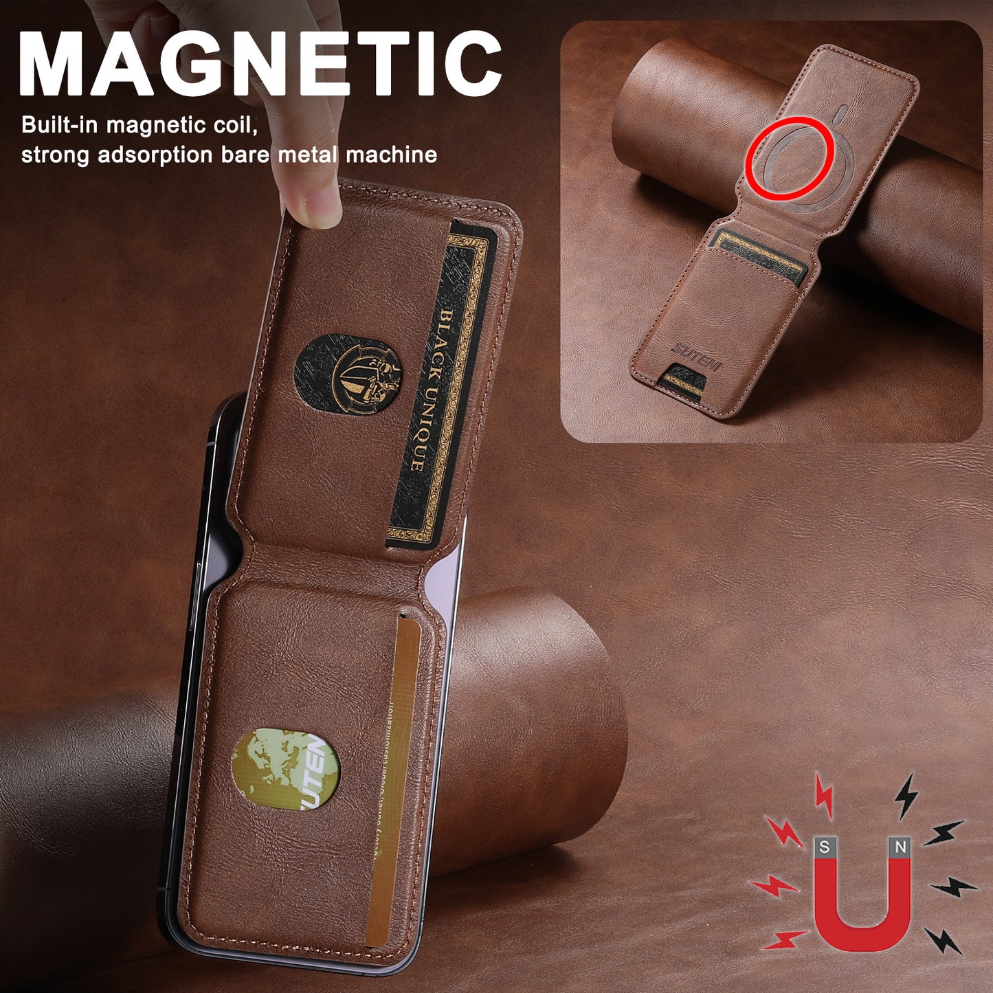 Suitable for Apple 15ProMax Android universal mobile phone magnetic card holder MagSafe magnetic ring PU leather