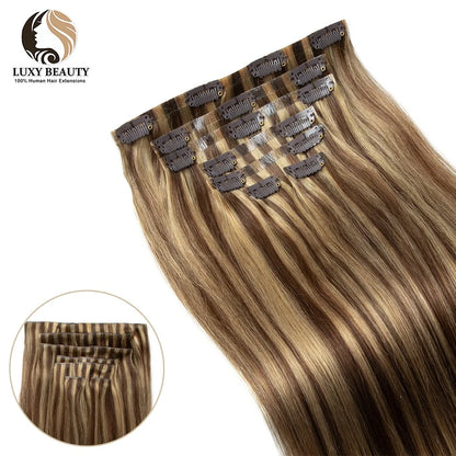 Invisible PU Clip In Hair Extensions Human Hair Injected PU Tape Weft Hair Extensions Brown Blonde Black Clip On Hair 7Pcs/set