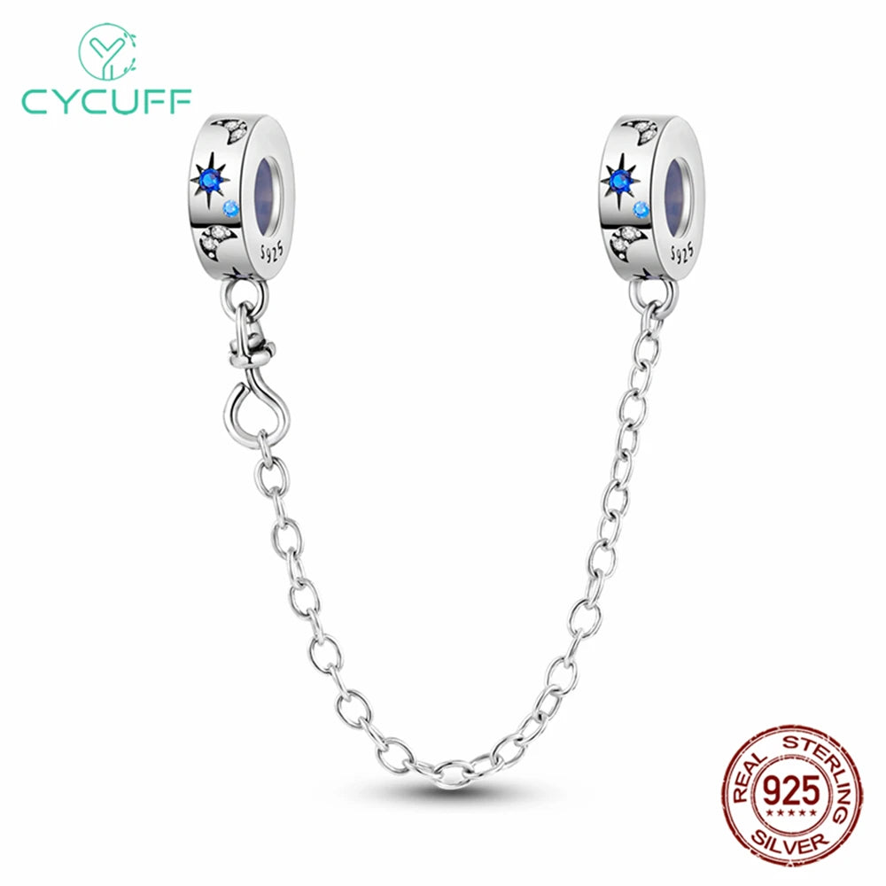 CYCUFF Real 925 Sterling Silver Stars & Moon Sunflower Safety Chains Spacer Beads Charms Fit 925 Original Bracelets DIY Jewelry