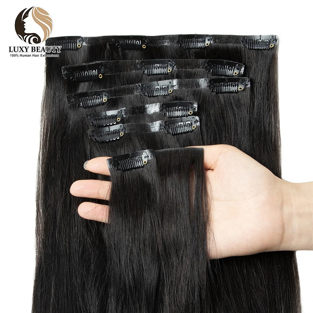 Invisible PU Clip In Hair Extensions Human Hair Injected PU Tape Weft Hair Extensions Brown Blonde Black Clip On Hair 7Pcs/set