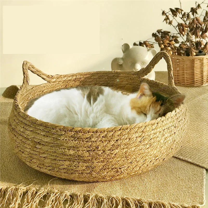 Cozy Cat Dog Bed Summer Cat Scratching Board Rattan Washable Cat Supplies Woven Removable Cushion 35cm