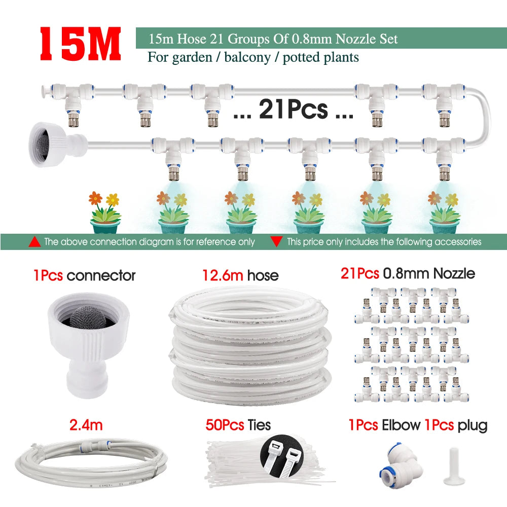 White 1/4" PE Hose 0.8mm 60W Self-Priming Pump Garden Misting Watering Irrigation Kits System Greenhouse Timer Automatic Sprayer