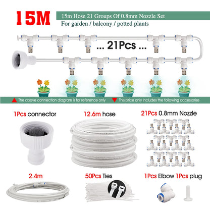 White 1/4" PE Hose 0.8mm 60W Self-Priming Pump Garden Misting Watering Irrigation Kits System Greenhouse Timer Automatic Sprayer