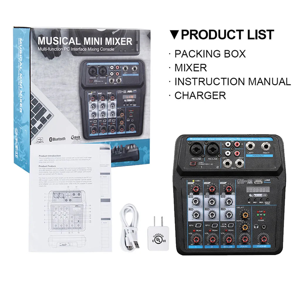 USB 6 Channel Audio Mixer Audio DJ Mixer Digital Sound Board Console with Sound Card Bluetooth 48V Phantom Power DJ Equipment