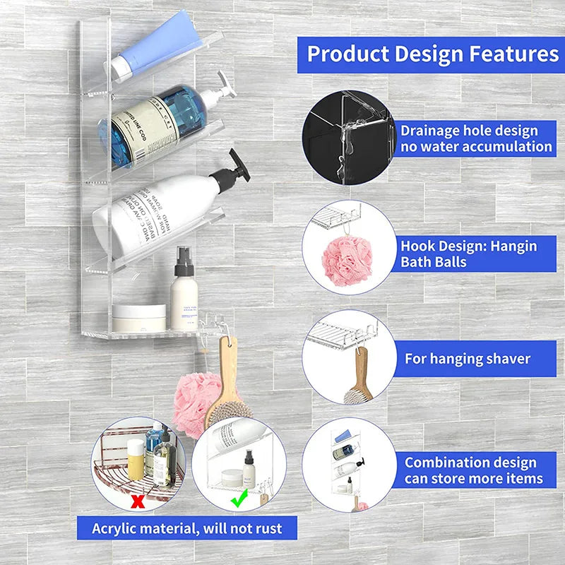 Rust Proof Wall Mounted No Drilling Adhesive Acrylic Bathroom Shower Caddy Shampoo Holder Organizer Shelf With Hooks