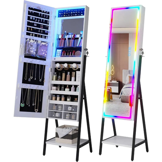 RGB LED Mirror Jewelry Cabinet,Standing Jewelry Armoire Organizer Full Length Mirror with Storage, Lockable Jewelry Mirror