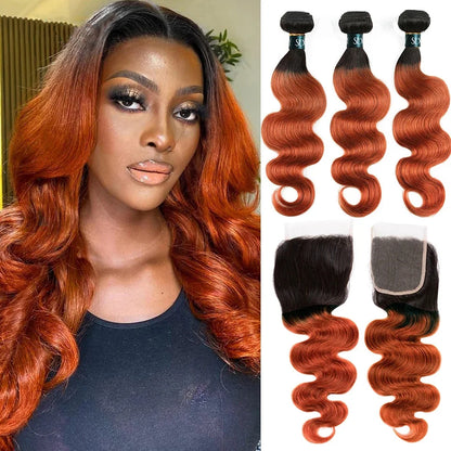 1b/350 Hair Bundles With Closure Ombre 1B/orange Brazilian Body Wave  Human Hair 3 Bundles Unprocessed Orange Burnt Brown Bundle