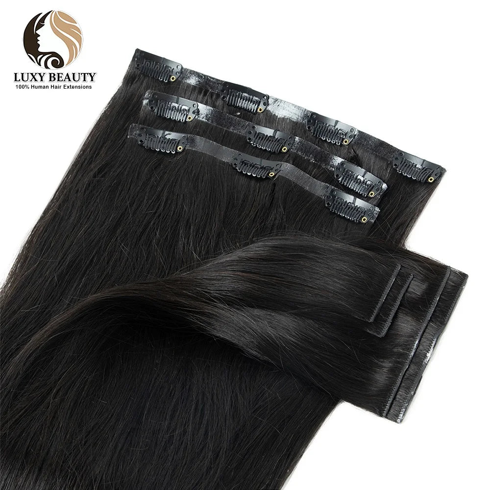 Invisible PU Clip In Hair Extensions Human Hair Injected PU Tape Weft Hair Extensions Brown Blonde Black Clip On Hair 7Pcs/set