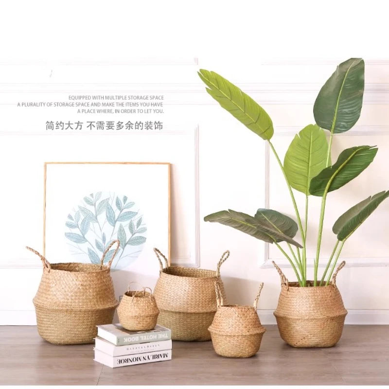 2024 Grass Handmade Weaving Storage Basket Flower Pot Handheld Vegetable Basket Hand Jacquard Pot Cover Home Decoration