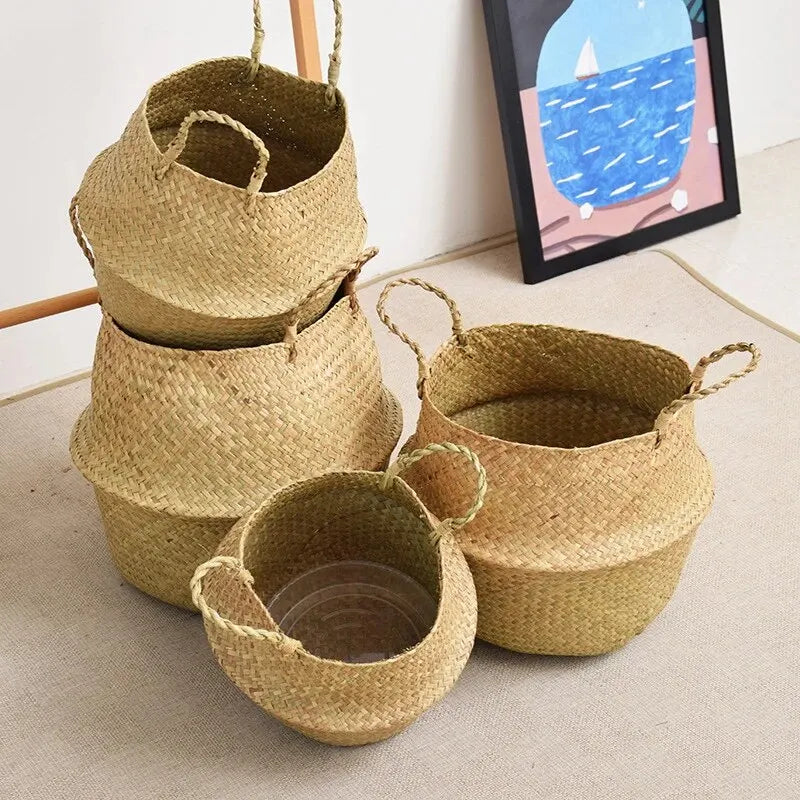 Wicker Basket Toy Organizer Folding Rattan Seagrass Storage Basket Laundry Woven Basket Plant Flower Pot For Home Garden