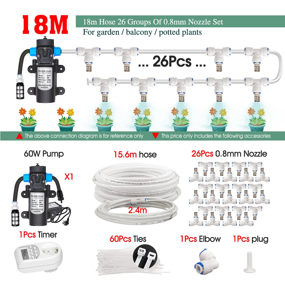 White 1/4" PE Hose 0.8mm 60W Self-Priming Pump Garden Misting Watering Irrigation Kits System Greenhouse Timer Automatic Sprayer