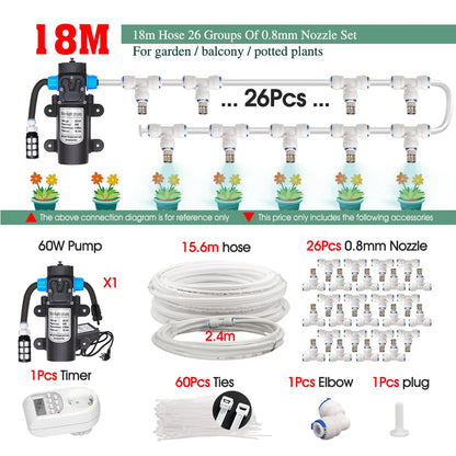 White 1/4" PE Hose 0.8mm 60W Self-Priming Pump Garden Misting Watering Irrigation Kits System Greenhouse Timer Automatic Sprayer