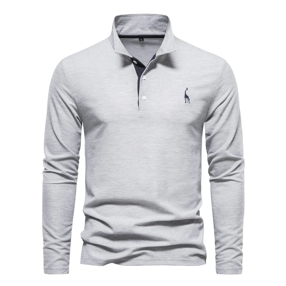 AIOPESON 2023 New Men's Deer Embroidery Polo Shirts Solid Color Long Sleeve Social Business Male