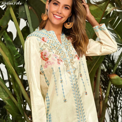 KHALEE YOSE Vintage Floral Embroidery Blouses Shirt Boho Mexican Shirts Autumn Long Sleeve 2xl 3xl Ethnic Hippie Woman Tops