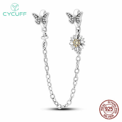 CYCUFF Real 925 Sterling Silver Stars & Moon Sunflower Safety Chains Spacer Beads Charms Fit 925 Original Bracelets DIY Jewelry