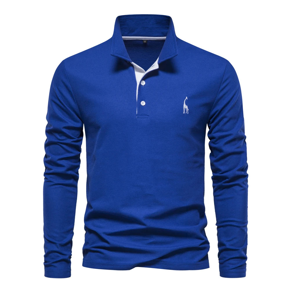 AIOPESON 2023 New Men's Deer Embroidery Polo Shirts Solid Color Long Sleeve Social Business Male