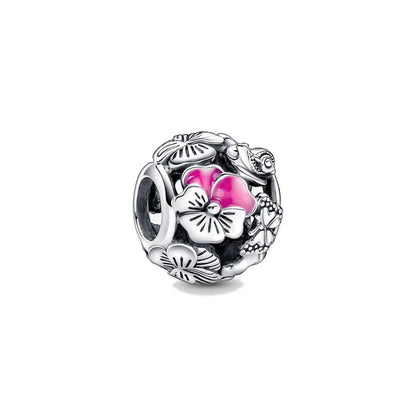 New 2023 Fashion Pink Pansy Flower Pendant Bead 925 Sterling Silver Plated Fit Necklace Keychain Charm DIY Jewelry Bracelet