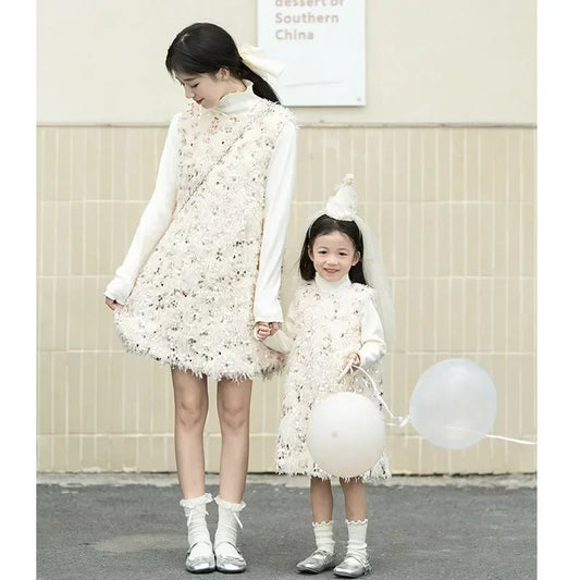 2025 Mother Daughter Warm SleevelessFashion Mommy and Me One Piece Clothes Dress Shiny Winter Mom Baby Girl Thick Dresses