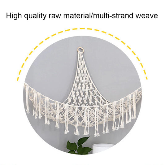 Boho Plush Toy Hammock Triangular Shape Hanging Mesh Storage Basket Cotton Tassels Wall Net for Bedroom Living Room