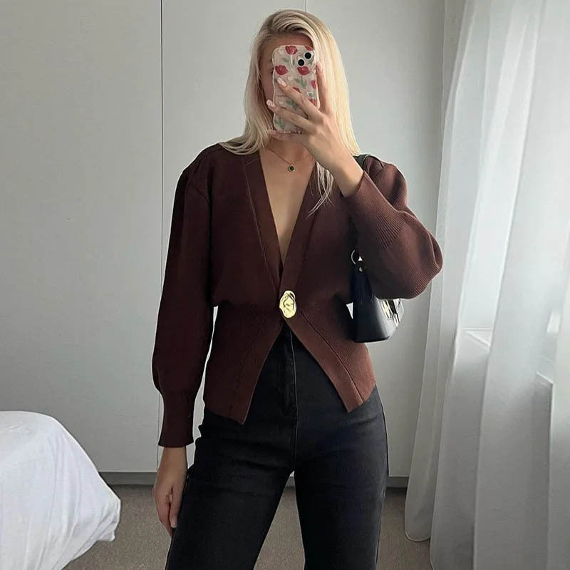 New V-neck Button Cardigan Fashion Knitted Sweater Top For Women Clothing