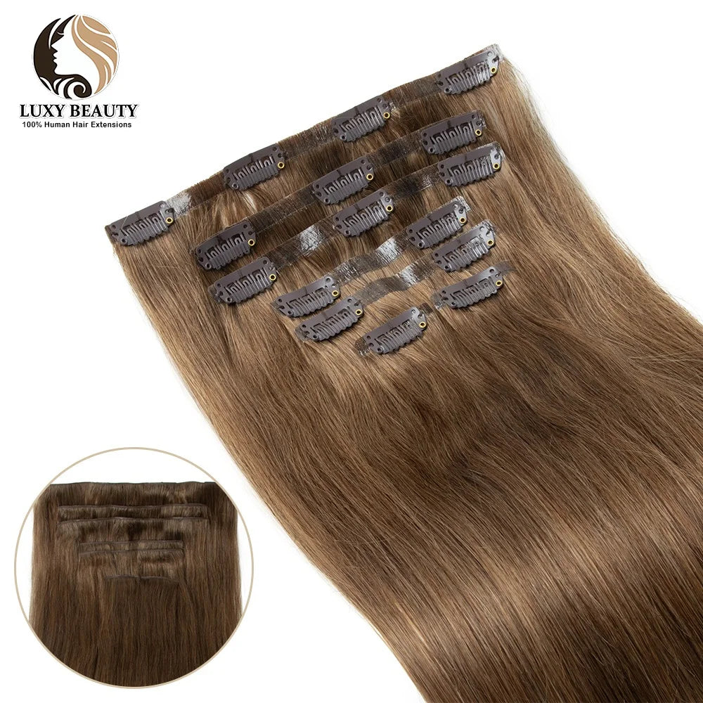 Invisible PU Clip In Hair Extensions Human Hair Injected PU Tape Weft Hair Extensions Brown Blonde Black Clip On Hair 7Pcs/set